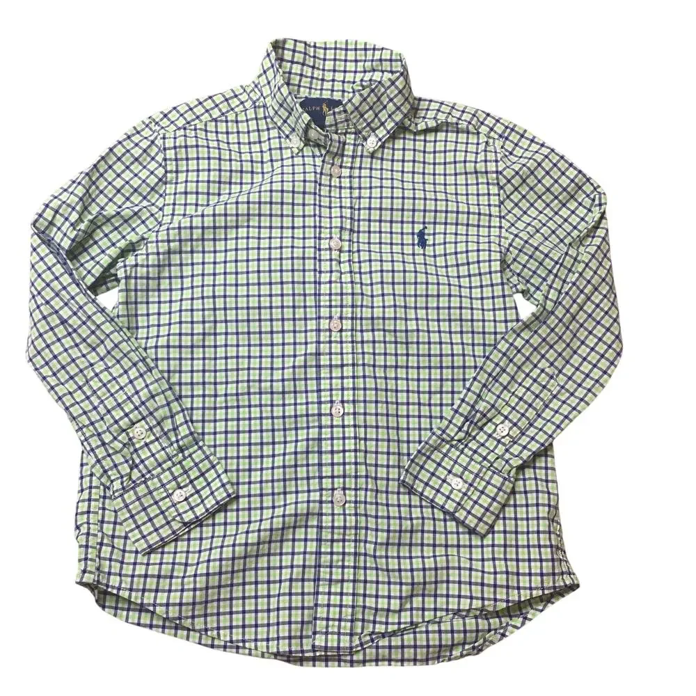 Ralph Lauren Boys Green White Navy Blue Plaid Shirt Size 6